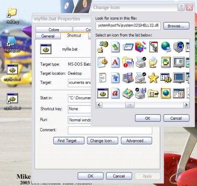 You can change the icon on the shortcut to a batch file using the "Change Icon" dialog.