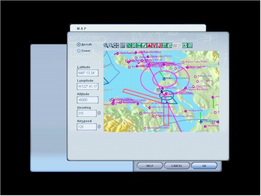 Improved map shows terrain and airspace as well as airports and navaids.