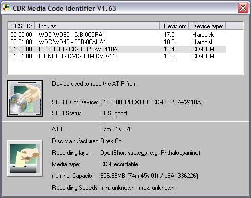 Screenshot from CDR Media Code Identfier program showing atip information for a Maxell Branded CD-R