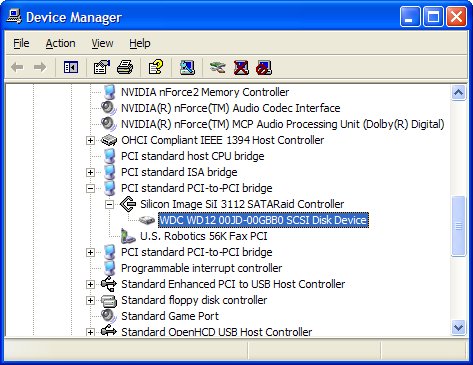 Windows XP Device Manager showing SATA Hard Drive Connection